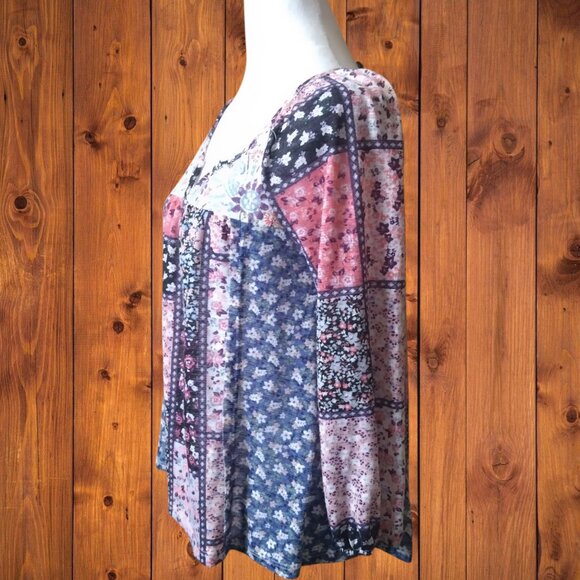 RUE 21 WOMEN'S SMALL 3/4 SLEEVE FLORAL BLOUSE PULLOVER BOHO CROCHET PATCHWORK - Picture 5 of 6